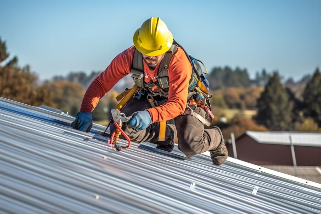 Construction worker install new roof. Roofing tools. Electric drill used on new roofs with metal sheet