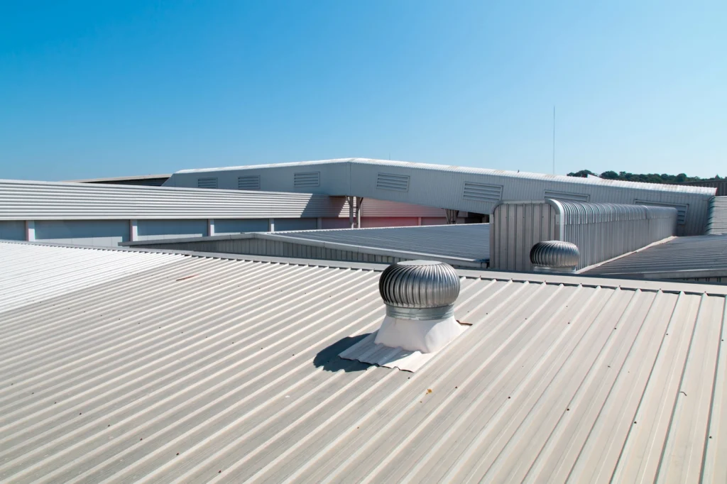 close up view of new commercial metal roofing system on pflugerville business